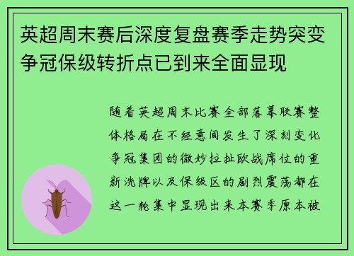 英超周末赛后深度复盘赛季走势突变争冠保级转折点已到来全面显现 英超周末赛后深度复盘赛季走势突变争冠保级转折点已到来全面显现