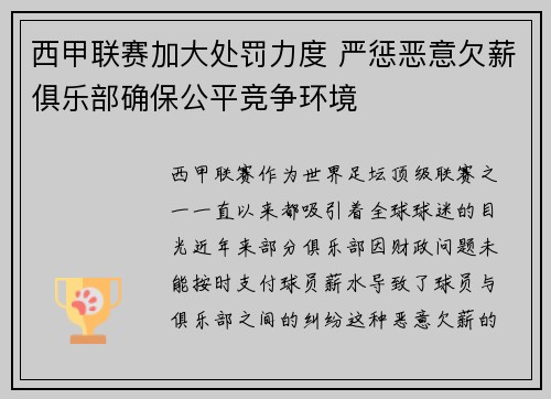 西甲联赛加大处罚力度 严惩恶意欠薪俱乐部确保公平竞争环境 西甲联赛加大处罚力度 严惩恶意欠薪俱乐部确保公平竞争环境